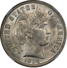 1914 Barber Dime NGC MS64plus Obverse.png